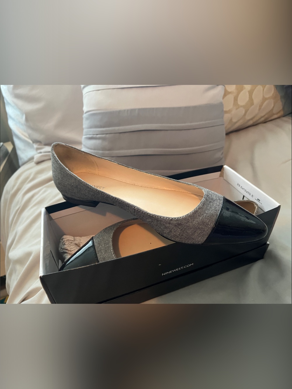 Nine West Gray Fabric Flats with Black Patent Cap Toe